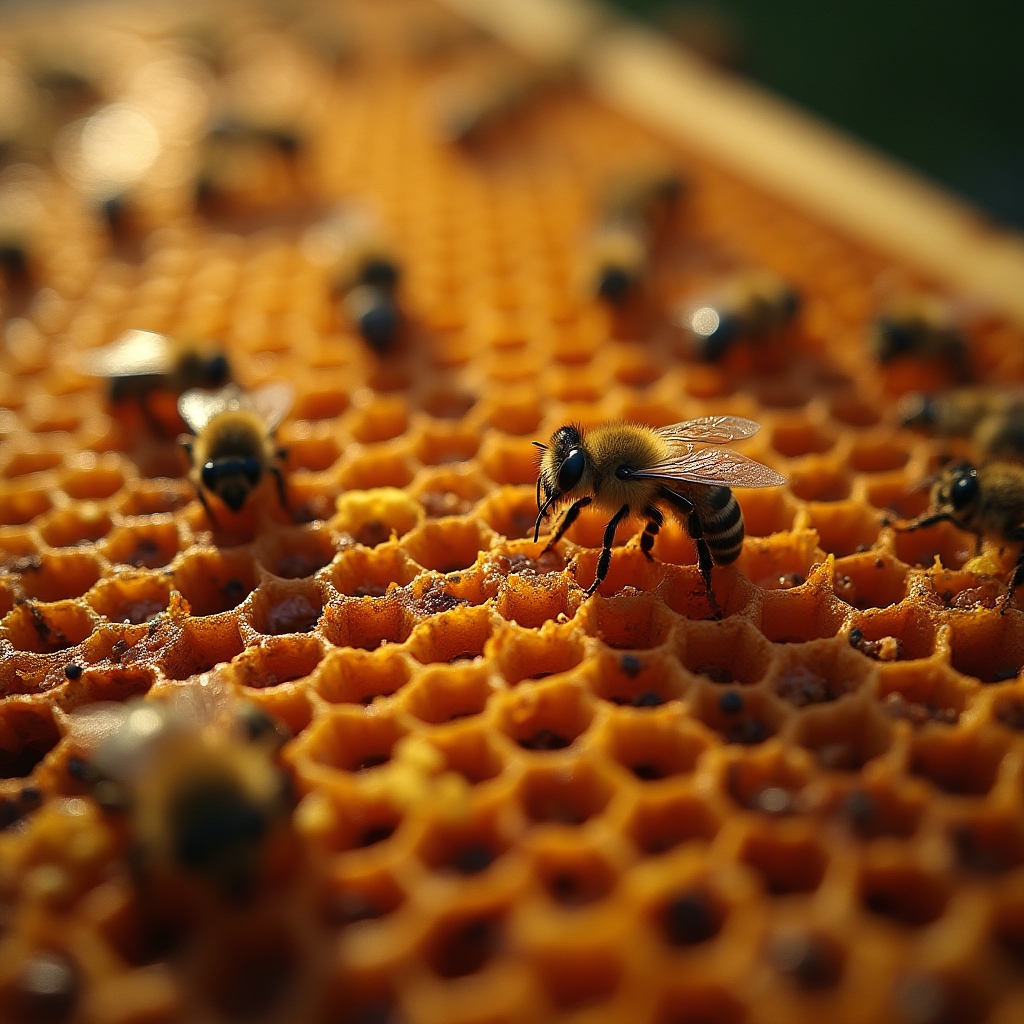 Detailed macro photograph of a wooden hive frame covered in honeybees showing brood cells, honey cells, and bee activity