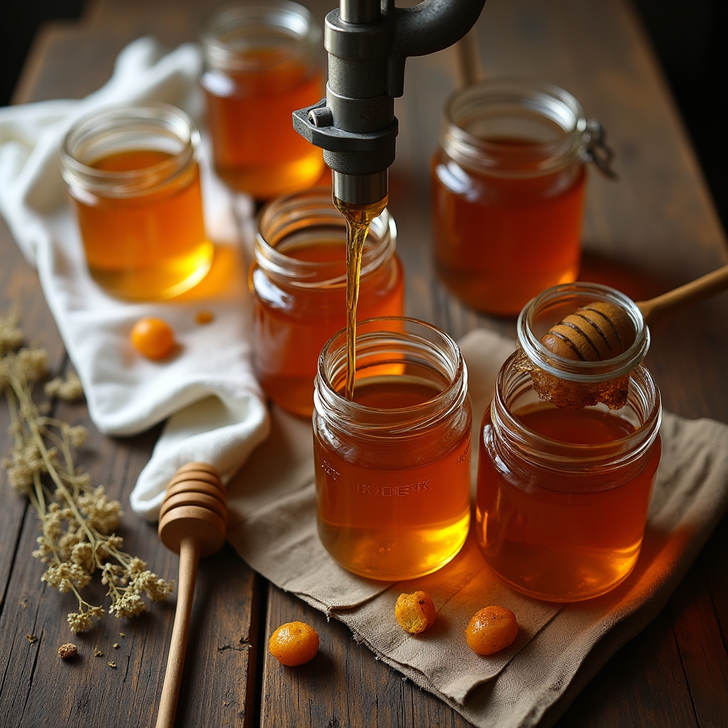 Close-up of golden honey being poured into glass jars on a rustic wooden surface