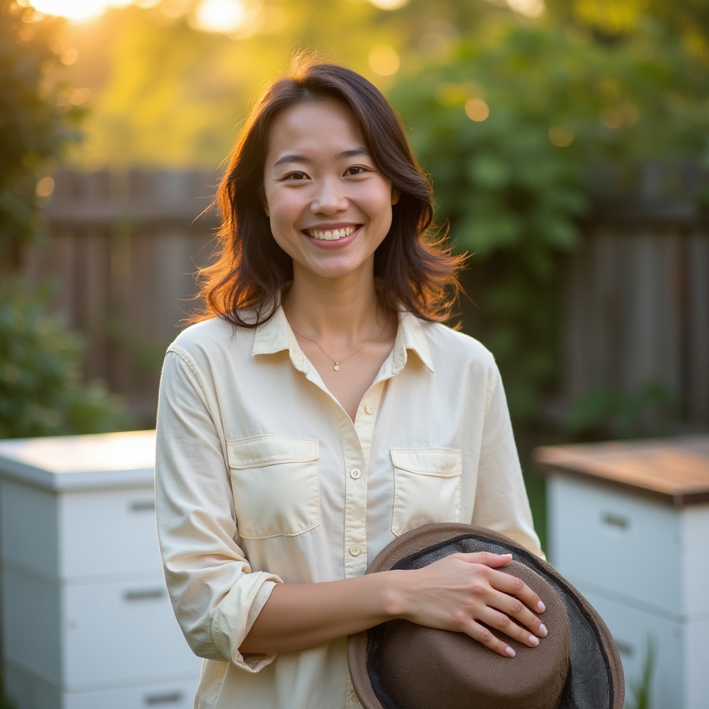 Martha Chen, head instructor, standing in a backyard apiary wearing a light veil and smiling warmly