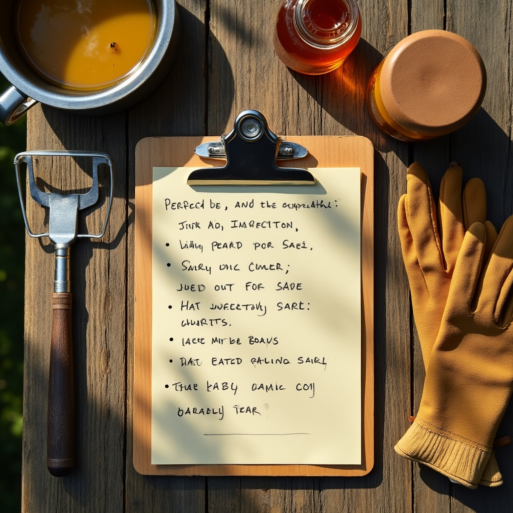 Close-up overhead view of beekeeping field notes on a clipboard with a hive tool and smoker nearby on a wooden table