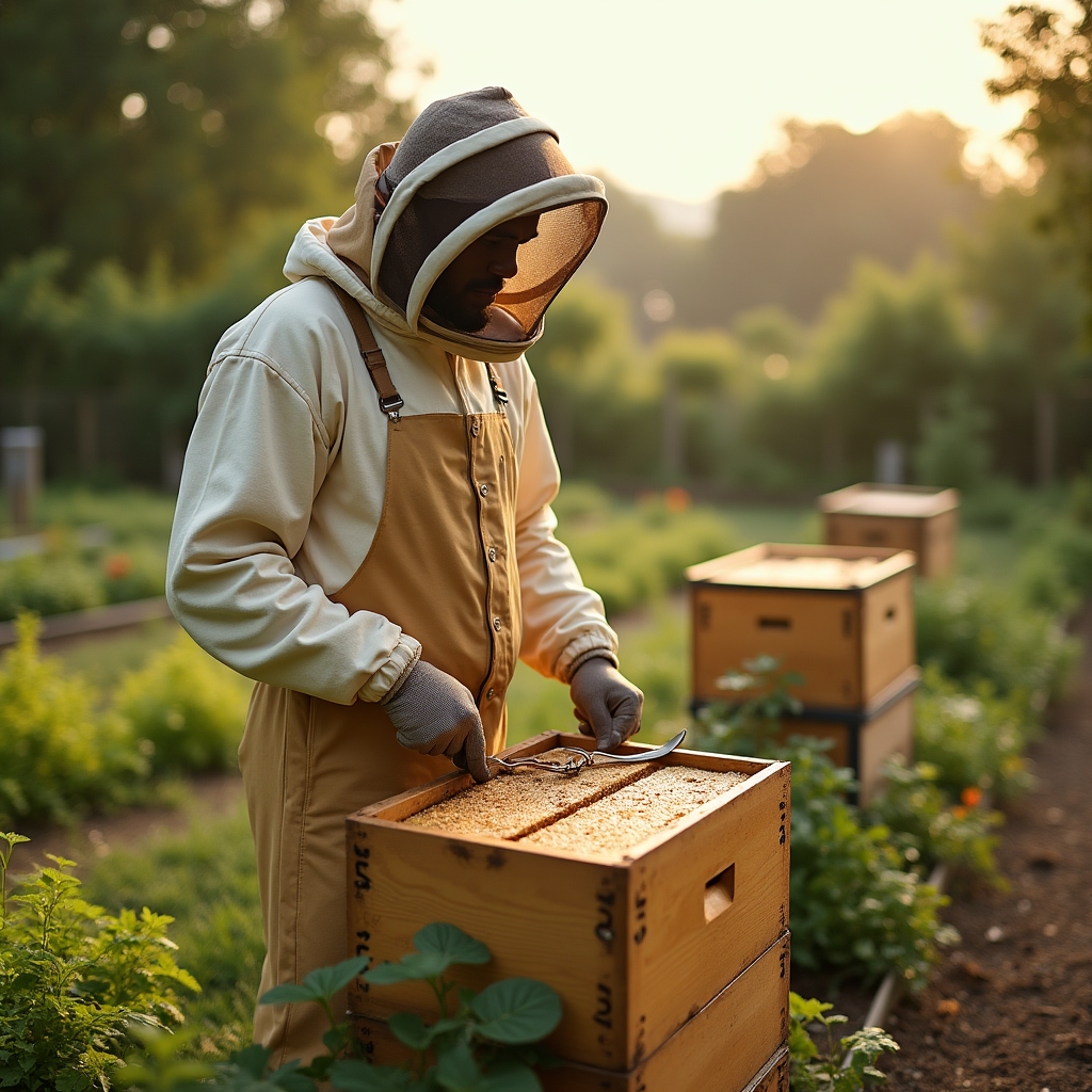 Beekeeper in protective gear performing a detailed hive inspection on a warm summer day